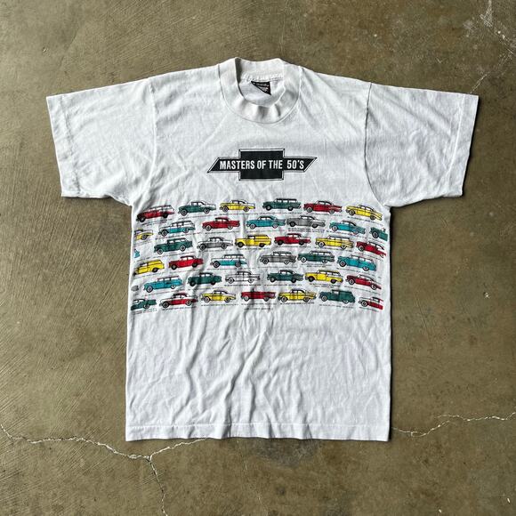VINTAGE 80S CHEVROLET CHEVY AOP CAR T-SHIRT GRAPHIC SINGLE STITCH MENS MEDIUM - Picture 1 of 5